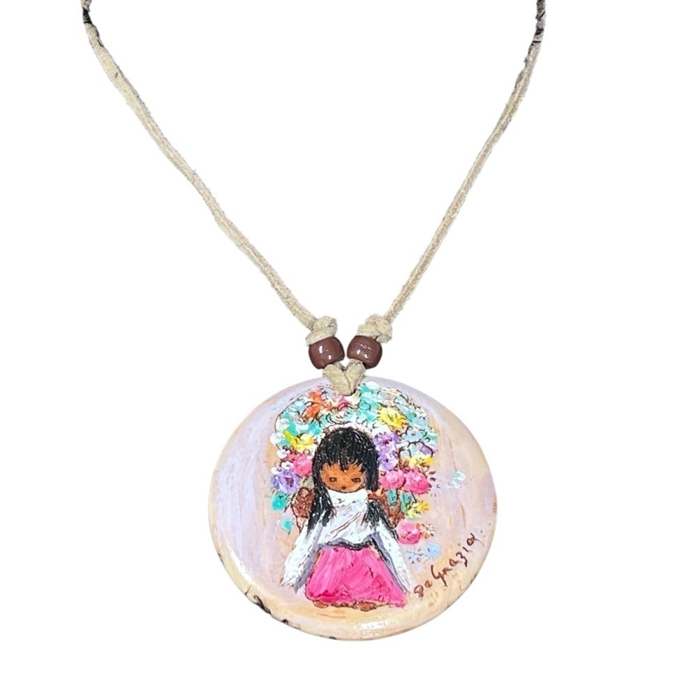 RARE VTG Ted DeGrazia Signed Hand Painted Flower Girl Pendant Necklace